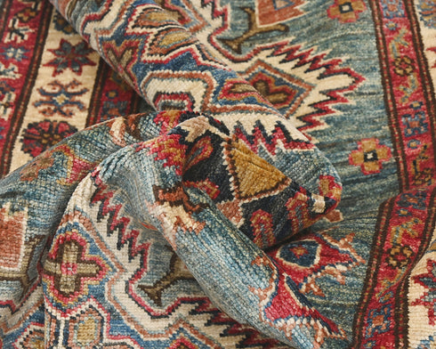 19 Feet Green Kazak Afghan Hand Knotted Wool Runner Rug